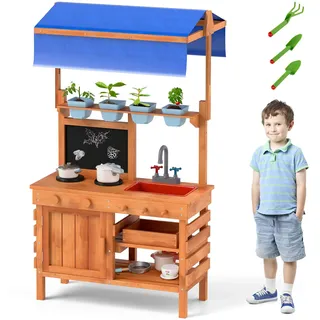 FANTASK Matschküche Kinder Outdoor, Kinderküche Holz mit Sonnendach & Tafel & Pflanzbechern & Schaufeln