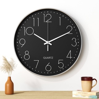 newaner Lautlos Wanduh, (12 Zoll) Leises Quarzwerk schwarzes modernes minimalistisches Design, leise Wanduhr Geeignet für Wohnzimmer, Küche, Büro, Schlafzimmer(Silberne Zeichen), 30cm