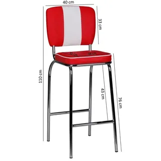 FineBuy 2er Set Barhocker American Diner Rot 50er Jahre Retro Barstuhl Sitzfläche mit Rücken-Lehne Fußstütze Sitzhöhe 76 cm - Rot