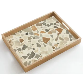 OnlyWow© Holztablett Küchentablett Servier Tablett Eiche Serviertablett | 50x35 cm - Rechteckig - Holz Servierplatte Mit Henkel Tray Kaffeetablett Steine - Terrazzo - Dekoration - Kacheln
