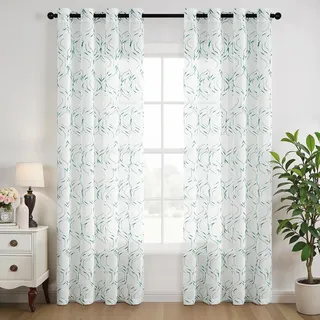 MIULEE Voile Vorhang Transparent Gardinen mit Ösen 2er Set H 140 x B 245 cm, Grün Weiss Rauten Muster Bestickt Gardine, Wohnzimmer Gardinenschals Dekoschal Lichtdurchlässig Vorhänge für Schlafzimmer