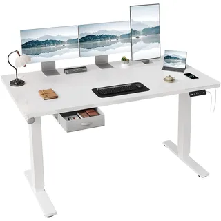 JUMMICO Höhenverstellbarer Elektrischer Stehtisch 160 x 80 cm mit Schublade und Haken – Höhenverstellbarer Sitz-Steh-Tisch mit Stabilem Stahlrahmen, Breiter Stehtisch für das Homeoffice, Weiß