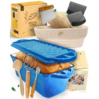 KRUSTENZAUBER Brotbackform aus Gusseisen im XXL-Set inkl. Brot back Zubehör | Geschenkfertige Emaille Gussform mit Deckel samt Zubehör & Anleitung für den sicheren Einstieg und gelungenes Brot zu Hause