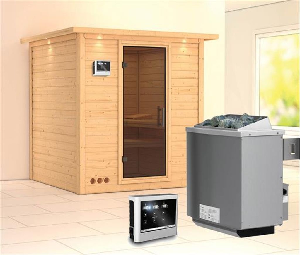 Bild von Sauna Mojave 40mm Dachkranz + Ofen 9kW extern moderne Tür