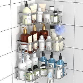 Menbyci 3 Stück Duschablage Ohne Bohren Ecke, Badzubehör, Shampoo Halterung, Eckregal Badewanne, Dusch Organizer für Badezimmer Aufbewahrung (Silber)