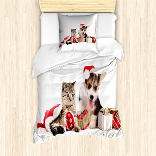 ABAKUHAUS Weihnachten Mantele, Hund Katze mit Geschenken, Milbensicher Allergiker geeignet mit Kissenbezügen, 135 cm x 200 cm - 80 x 80 cm, Rot, Weiß, Braun - Rot