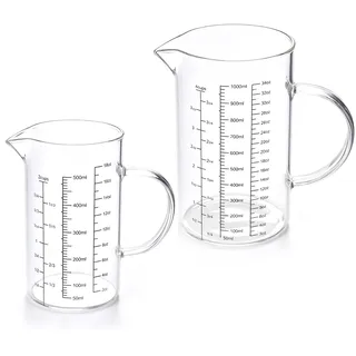 2 Stück Messbecher Set Glas 500ml + 1L, Transparent Messbecher Glas mit Ausguss und Griff, 3 Messskalen (Ml/Oz/Tassen), Präzise Skala, Mikrowellengeeignet, Messkrug für Backen und Kochen