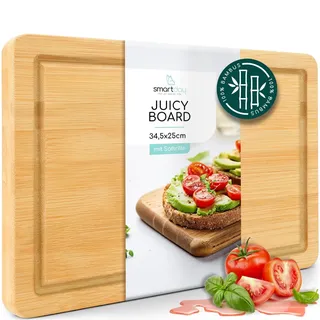 smartday Küchen Schneidebrett Holz für Gemüse & Fleisch mit Saftrille 34 x 25 cm – Bambus Holzbrett, Küchenbrett, Schneidbrett, Massives Holzschneidebrett