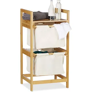 Relaxdays Wäschekorb Bambus, Wäschesortierer mit Ablage, 2 Schubladen, ausziehbar & tragbar, Wäschesammler 25 L, natur