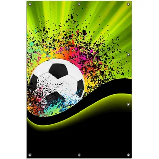 Wallario Outdoor-Poster für Garten oder Balkon, Motiv Fußball - Design Wellen und Regenbogen in grün, in ca. 100 x 150 cm - Schwarz