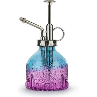 KoGiio Pflanzen Glas Sprühflasche, 200ml Retro Relief Pflanzensprüher mit Pumpe, Fortschrittlich Blumen Zerstäuber Drucksprüher für Balkon Kleiner Gartenpflanzen Indoor Haus Oder Büro-Blau/Lila