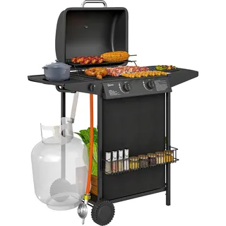Outsunny Gasgrill 7 KW Grillwagen inkl 3 Brenner Seitenkocher Rolle Deckel - Schwarz