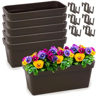 PECZEKO Blumenkasten-Set aus Kunststoff, Pflanzkasten für Blumen und Kräuter, Widerstandsfähiger Balkontopf, Pflanzkübel für Balkon 6 Pack Braun, ø 40 cm