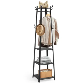 VASAGLE Garderobenständer, Kleiderständer, Garderobe mit 8 Doppelhaken, 4 Ablagen, Kleiderstange, mit Metallrahmen, für Schals, Jacken, Taschen, für Flur, anthrazitgrau-tintenschwarz LCR080B03