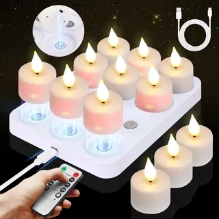 Besight LED Teelichter Wiederaufladbar mit Magnetischer Ladestation, 12er Set Flackernde LED Kerzen mit Timer & 2 Fernbedienungen, Ideal für Weihnachten Halloween Tisch Party Wohnzimmer Zimmer Deko