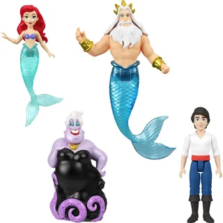 Mattel Disney Prinzessin-Spielzeug Figuren 4er Set mit Meerjungfrau Arielle, Prinz Erik, Ursula und König Triton