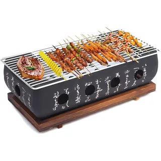 Tissting Japanischer BBQ Grill, 36x18x13cm Mini Holzkohle Tischgrill mit Gitter und Holzbasis, Rechteckig Tragbarer Japanisch Holzkohleofen Campingkocher für Yakiniku, Takoyaki, Aal Teriyaki