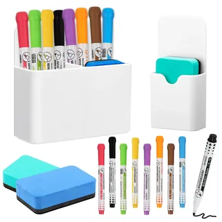 Shinybox 12 Stück Whiteboard Zubehör, 2 Stück Magnetische Stifthalter mit 2 Stück Schwamm, 8 Stück Whiteboard Marker, Markerhalterung, Magnetischer Markerhalter für Zuhause Büro Schule