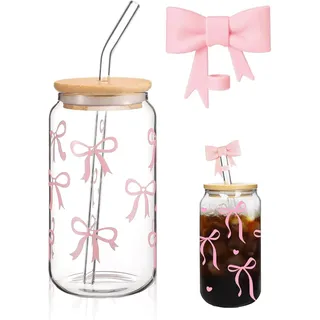 DePro 500ml Cute Stuff Matcha Glas mit Deckel und Strohhalm – ästhetisches Design mit Bow und Anti-Staub-Abdeckung, Multifunktionaler Geschenk-Idee für Beste Freundin