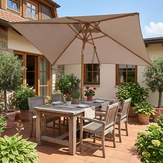 Sekey Rechteckschirm 300x200cm Holzoptik Eckiger Sonnenschirm für Garten Terrasse Hof - Taupe