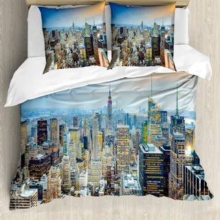 ABAKUHAUS amerikanisch Bettbezug, Luftaufnahme New York City, Milbensicher Allergiker geeignet mit Kissenbezügen, 200 cm x 200 cm - 80 x 80 cm, Grau Blau Pfirsich