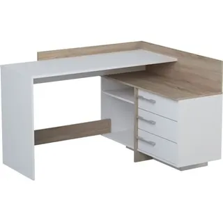 Eckschreibtisch mit 3 Schubladen – Eiche und Weiß – 128,5 x 105,7 x 83,2 cm – THALES - Weiß