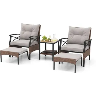 COSTWAY 5tlg. Rattan Gartenmöbel Set, 2-stufiger Beistelltisch, 2 Sessel mit Hocker, Gartengarnitur 2 Personen inkl. Sitzkissen & Rückenkissen - Braun, Grau