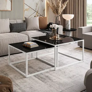 YOSHI GLASS Couchtisch 2in1 35 cm/41 cm Weiß / Schwarz hochglanz - Schwarz
