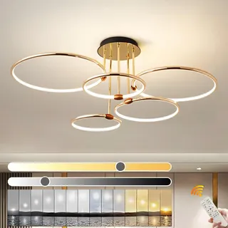 YYUTLUO LED Deckenleuchte, Ø93cm Goldener Metallkreis Kronleuchter 108W Stufenlos Dimmbar 3000–6000K Moderner Runder Galvanisierter Anhänger Schlafzimmer Wohnzimmer Kinder Büro Arbeitszimmer (5 Ringe)