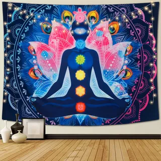 Betylifoy Wandteppich mit sieben Chakren, bunt, psychedelisches Mandala, Yoga, Meditation, Dekoration für Schlafzimmer und Wohnzimmer (148 x 200 cm)
