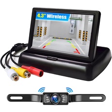 CAMECHO Kabelloses Rückfahrkamera-System für Auto mit 4,3 Zoll TFT LCD Faltbare Monitor,V1/V2 Zwei Video-Eingang für Minivans SUVs+Kennzeichenhalter-Rückfahrkamera 9V-24V