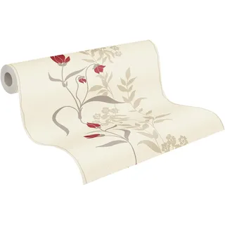 A.S. Création Vliestapete 10,05 m x 0,53 m mit glänzenden Blumenranken - Beige, Braun, Rot - florale Tapete - 958741