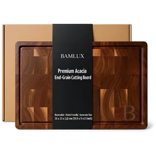 BAMLUX Premium Stirnholz Hackbrett 35×25×2,8 cm aus Akazienholz – End-Grain Schneidebrett mit Saftrille & rutschfester Basis – langlebiges Küchenbrett für Profis & Genießer
