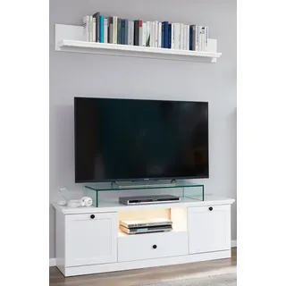TV Lowboard mit Wandregal BERGAMA-19 Landhaus weiß mit Beleuchtung, B/H/T: ca. 139/196/41 cm - Weiß