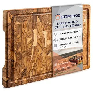 Erreke Schneidebrett Holz 44x29.5x3.2 cm, Holzbrett Küche, End Grain Teakholz, Schneidebrett Holz Gross mit Auffangschale Hirnholz, Käse Brot Hackbretter, Saftrille