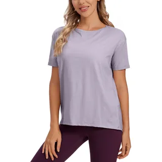 CRZ YOGA Damen Sport Top Fitness Kurzarm Leichte Sommer Loose T Shirt Atmungsaktiv Baumwolle Yoga Oberteile Lametta Lila 40