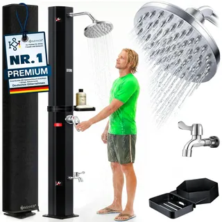 KESSER® Solardusche 40- 60 Liter Solar Gartendusche | warmes Wasser | max. 60°C | Inkl. Metall-Duschablage & Schutzhaube | Pooldusche Camping| Regenduschkopf und Wasserhahn Gartenschlauch-Anschluss - Schwarz
