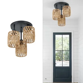 JOYINLED Rattan Deckenleuchte, 3-flammig, Boho-Design, Vintage Korb-Lampenschirm, Rustikal für Wohnzimmer, Schlafzimmer, Küche(keine Glühbirne)