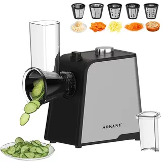 SOKANY 1000W Gemüseschneider, 5 in 1 Elektrischer Gemüsehobel, Schnitzelwerk Mit 5 Kegel-Klingen, Käsereibe, Leicht zu Reinigen, Reibe für Obst und Gemüse (SK-06018)