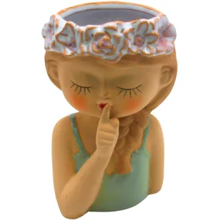 Dekohelden24 Blumenvase, Dekovase, Pflanzenvase, Tischvase, Gesichtsvase, Blumentopf Blumenmädchen, dekorativer Pflanztopf aus Steingut, in grün/beige, Größe: L/B/H 9 x 9 x 15 cm.