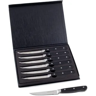 Hanseküche Steakmesser Set – 6x Hochwertige Steakmesser mit Holzgriff – Edles Besteck Set aus rostfreiem Spezialklingenstahl mit Wellenschliff und Geschenkbox (Schwarz)