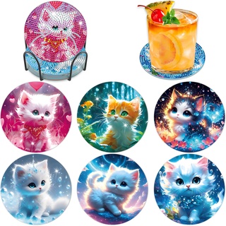 Lxmsja 6 STK Diamond Painting Untersetzer mit Halter, Diamond Painting Katze, Diamant Painting Bilder Erwachsene Kinder, Diamant Tassenuntersetzer mit Kork, Basteln Erwachsene Frauen