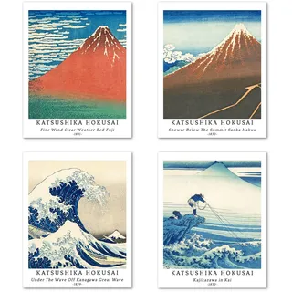 Kunstdruck Ungerahmt Japanese Ukiyo-e Bilder Set von 4, Poster Größe: 20x25 cm Premium Kunstpapier Wanddeko Die große Welle vor Kanagawa Berg Fuji Passenden Kinderzimmer Deko Katsushika Hokusai Prints