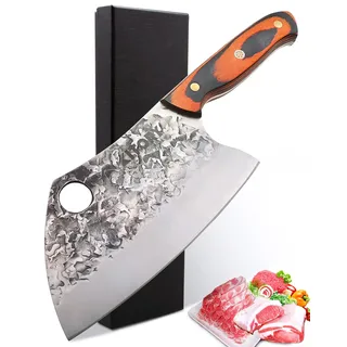 Kitory Serbisches Hackmesser 18cm, Chinesisches Küchenmesser für Fleisch & Knochen, Handgeschmiedet, Pakkaholz-Griff mit Mosaik-Niete