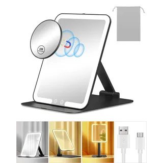 Gospire Wiederaufladbar Reise Kosmetikspiegel mit Licht und 10X Vergrößerung, Faltbarem Ständer & Winkelsensorlicht, 3 Lichtfarben & Einstellbare Helligkeit, Schminkspiegel mit Beleuchtung, Schwarz