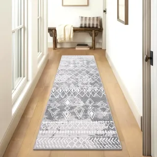 Carvapet Läufer Teppich 60x240cm rutschfest Lang Küchenteppich Waschbar Teppichläufer Weiche Mikrofaser Geometrisch Flächenteppich Laufteppich(Grau)