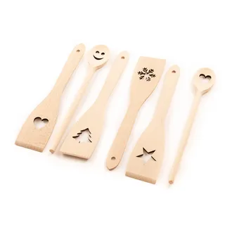tuuli 6-tlg Kochlöffel Pfannenwender Set Holz Buche mit Motiv 30 cm