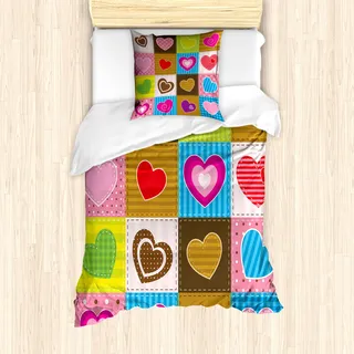 ABAKUHAUS Land Mantele, Liebes-Herz-Patchwork, Milbensicher Allergiker geeignet mit Kissenbezügen, 135 cm x 200 cm - 80 x 80 cm, Mehrfarbig