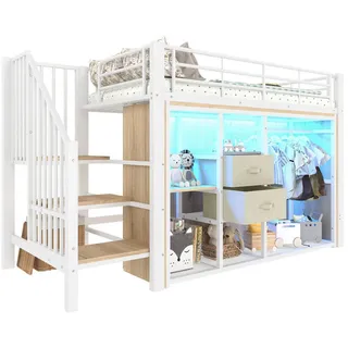 Modfu Hochbett Halbhochbett aus Metall 90x200 cm in Weiß mit LED-Beleuchtung, Schubladen & Stauraum , Rechteckig , 90x200 cm , Babymöbel & Kindermöbel, Kinderzimmer & Jugendzimmer, Kinderbetten, Hochbetten