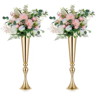 NUPTIO Blumenständer Metall Gold Hochzeit: 2 Stück 55,5cm Hoch Trompete Vase Blumenvase Goldene Blumenarrangement Ständer für Geburtstag Party Tafelaufsaetze Tischdeko